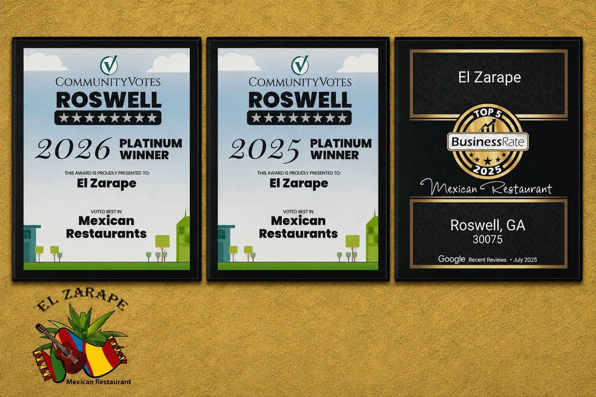 El Zarape's 2025 and 2026 Community Votes Roswell Platinum Winner plaques for Best Mexican Restaurant, alongside a 2025 BusinessRate Top 5 Mexican Restaurant award for Roswell, GA